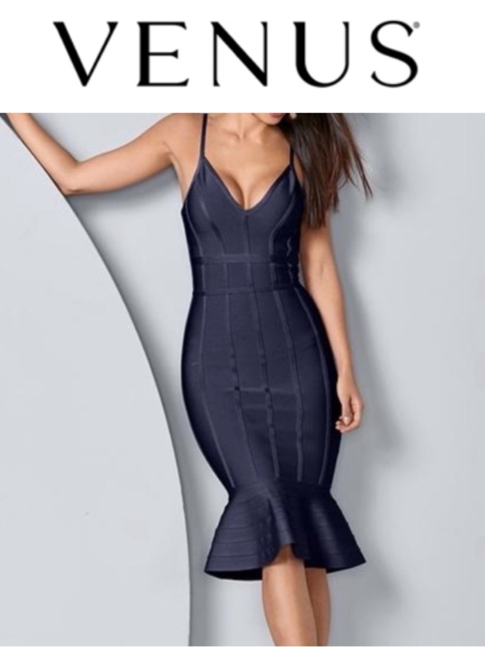 VENUS NAVY BLUE SLEEVELESS BANDAGE BODYCON RUFFLE HEM MIDI DRESS